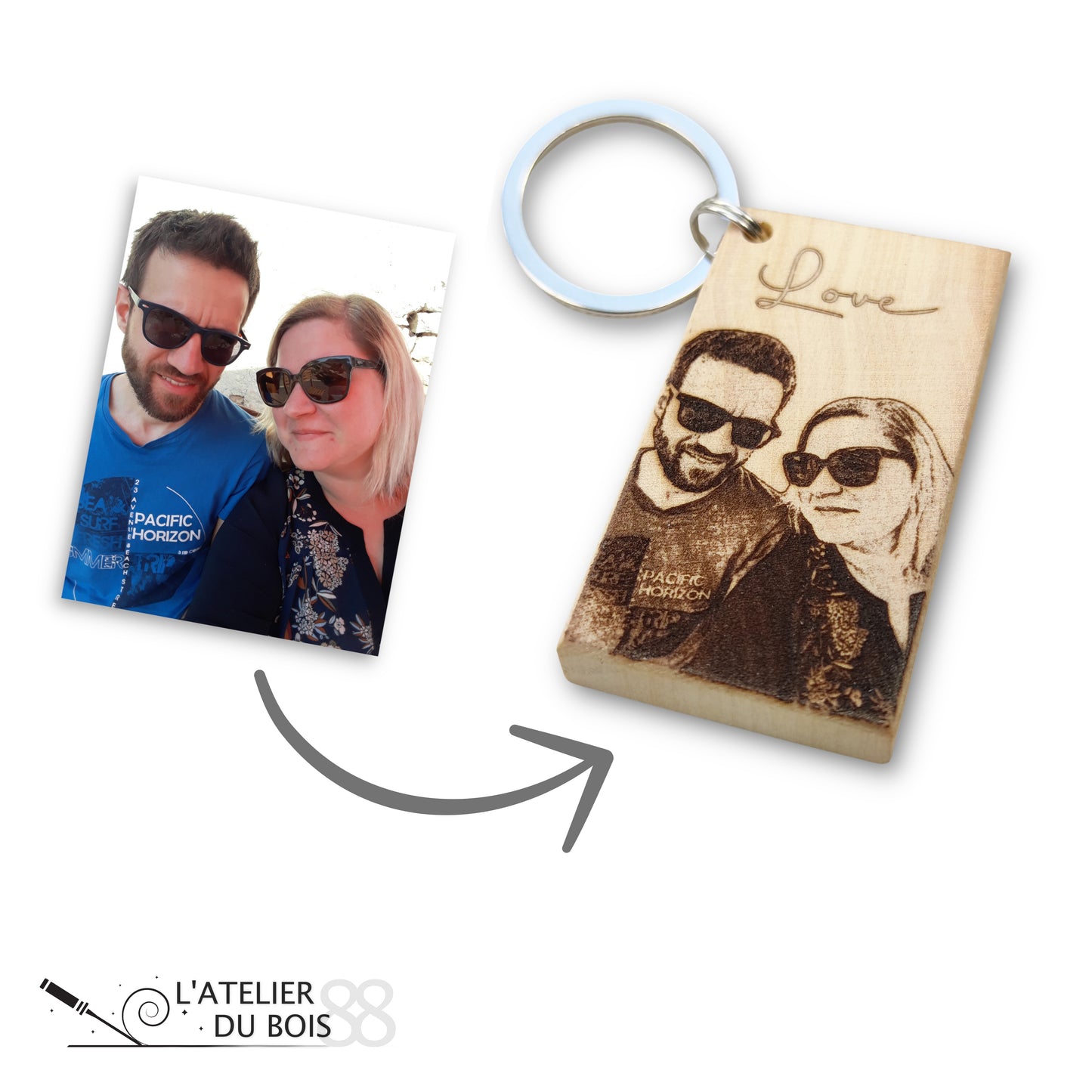 Porte-clés en bois massif personnalisé – Gravure photo et texte