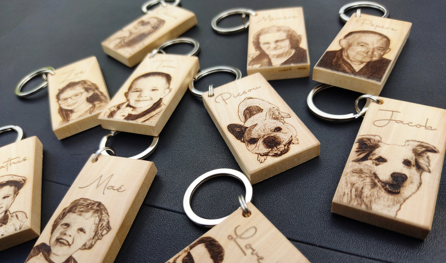 Porte-clés en bois massif personnalisé – Gravure photo et texte