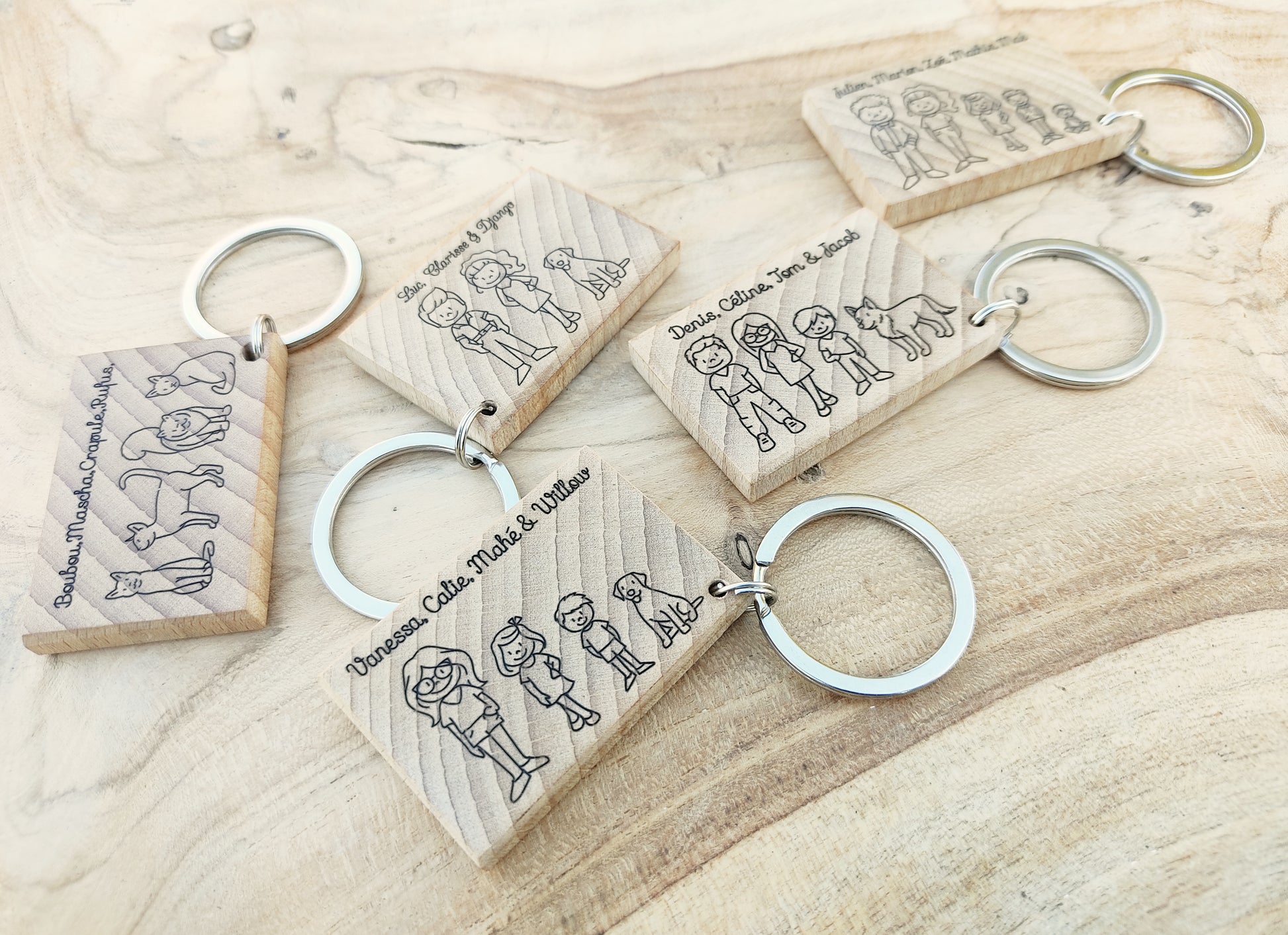 Porte clés famille avec texte prénoms gravés