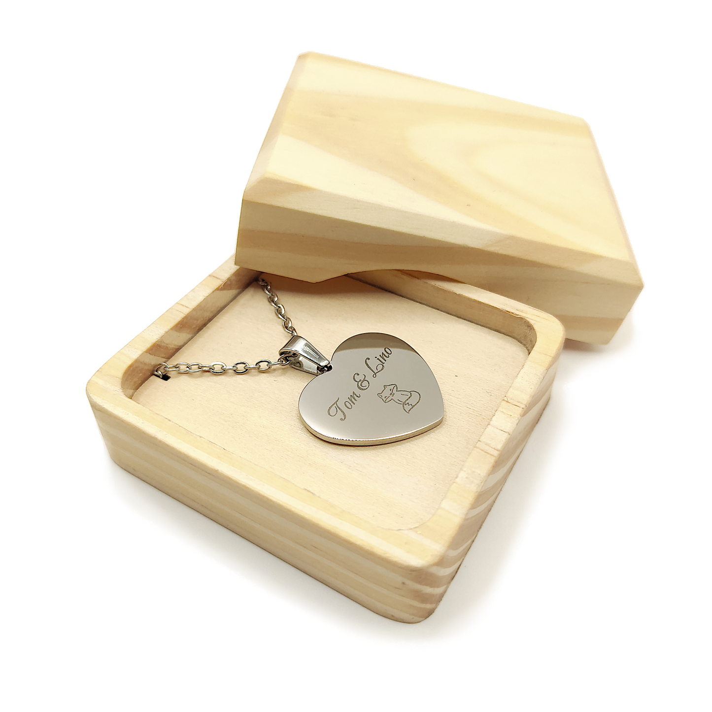 Pendentif cœur personnalisé et boîte en pin