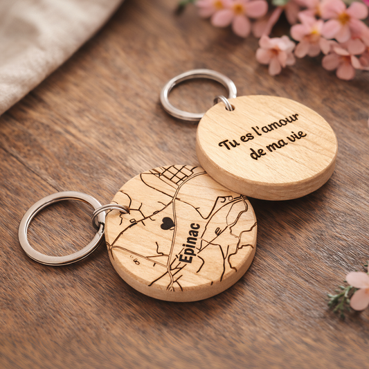 Porte-clés en bois massif "Maps" – Un souvenir gravé