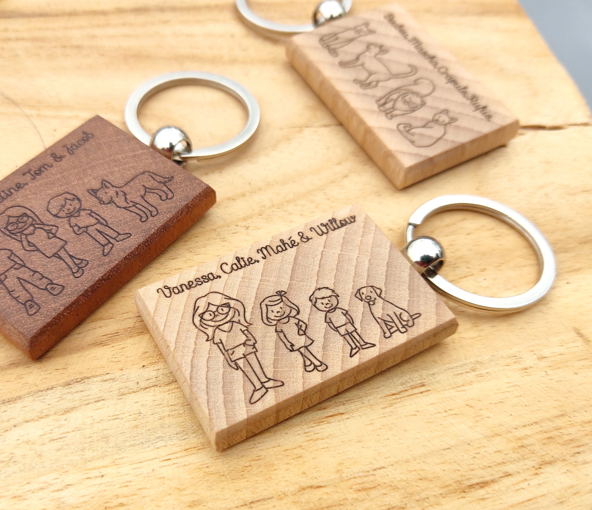 Porte clé personnalisé famille en bois - Porte clés bois et cuir -  creationsdere